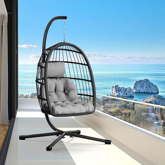 CHABATREE Egg Chair with Stand,Patio Rattan Wicker Hanging Swing Egg Chair Hammock Chair for Bedroom Porch Garden,Thickened Aluminum Alloy Steel Frame and UV Resistant Cushion,350LBS Capacity
