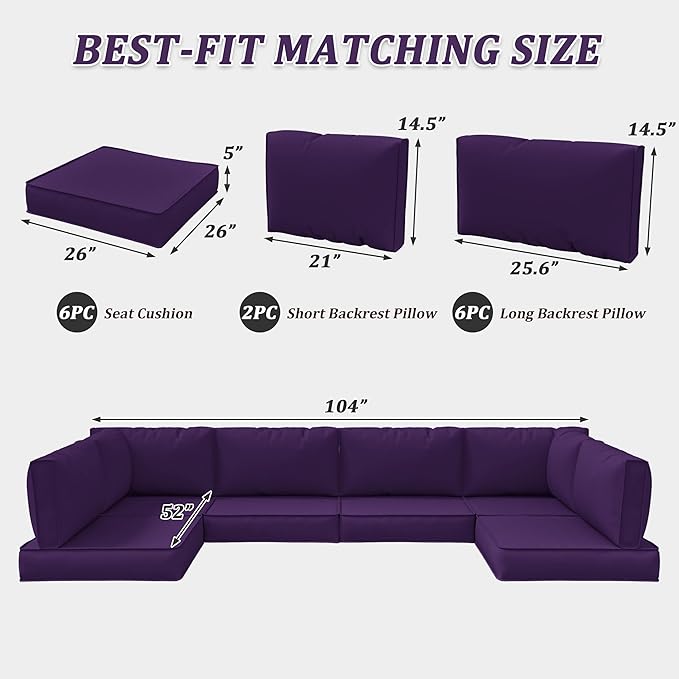 14-Piece Outdoor Cushions for Patio Furniture Thick Outdoor Chair Cushions 5" Foam High-Density Water-Resistant Deep Seat Cushion for 6-Seat Sectional Sets Liner&Cover Purple