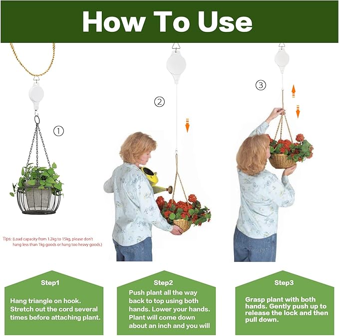 Sungmor Plant Pulleys 3PC White Adjustable Plant Hangers, Indoor Outdoor Retractable Hanging Plant Hook, Telescopic Higher Lower Easy Reach Ceiling Hooks for Hanging Flower Basket Planter Bird Feeder
