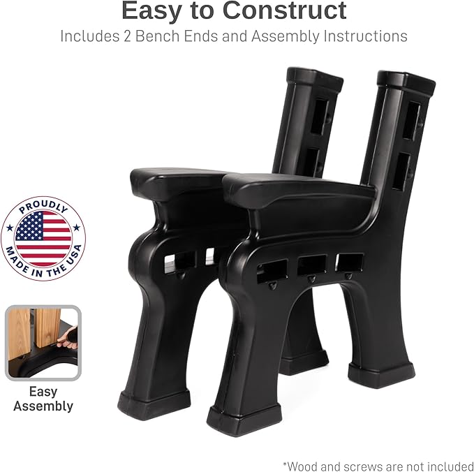 RTS Home Accents Custom Length Lightweight Indoor or Outdoor Bench Ends with Backrest and Armrest (Wood & Screws Sold Separately), Black