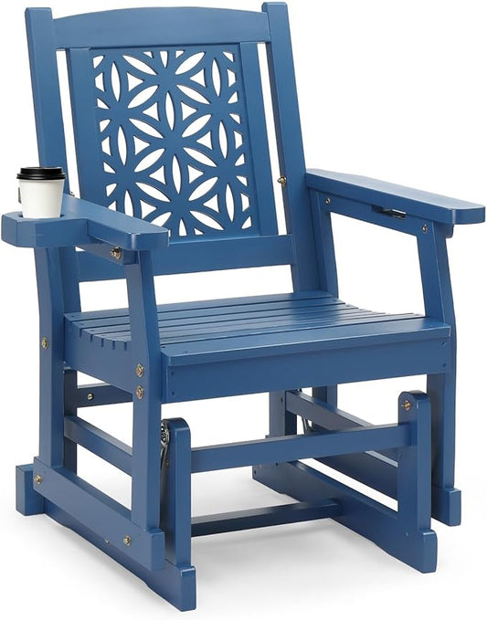 VINGLI Fir Wood Outdoor Glider with Floral Backrest, Wooden Patio Gliding Bench with Cup Holders, Smooth Rocking Chair for Garden, Yard & Porch (Blue, 2.3 FT)