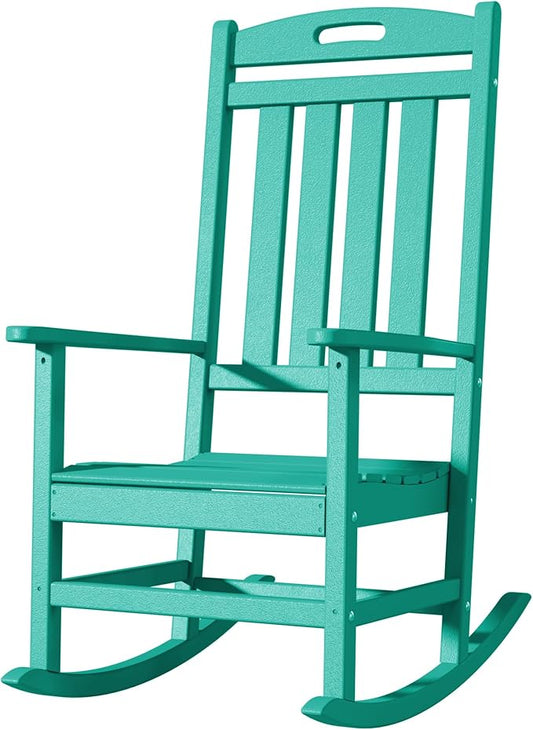 Outdoor Rocking Chair, All-Weather Resistant Poly Lumber Rocker Chair Outdoor, High Back Plastic Patio Rocking Chairs for Outside Porch Rocker Garden Lawn, Aruba Blue