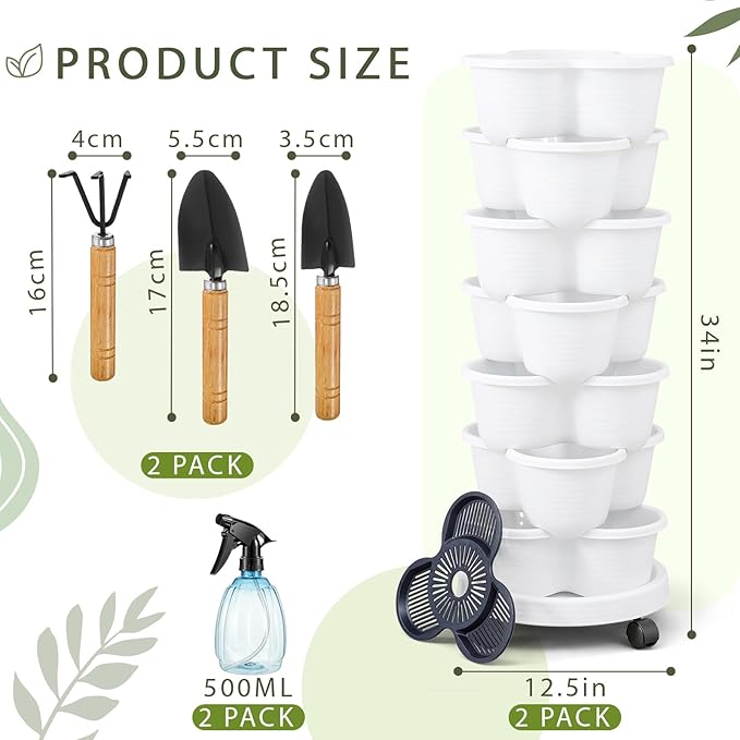 Umigy 2 Set of 7 Tier Stackable Vertical Planters with Removable Wheels and Tools Tower Planters Strawberry Herb Flower Vegetable Pots Indoor Outdoor Gardening Pots(White)