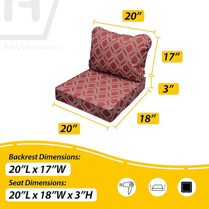AAAAAcessories Outdoor Seat Cushions for Chairs, Fade-Resistant, Waterproof Patio Furniture Replacement Cushions, 20" x 18" x 3" + 20" x 17", Clay Red Vine Trellis