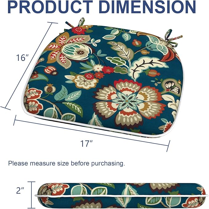 Outdoor Chair Cushions Set of 4, Water Resistant Patio Chair Pads with Ties, Seat Cushions for Home Garden Furniture Decoration, 16"x17",Peacock Blue