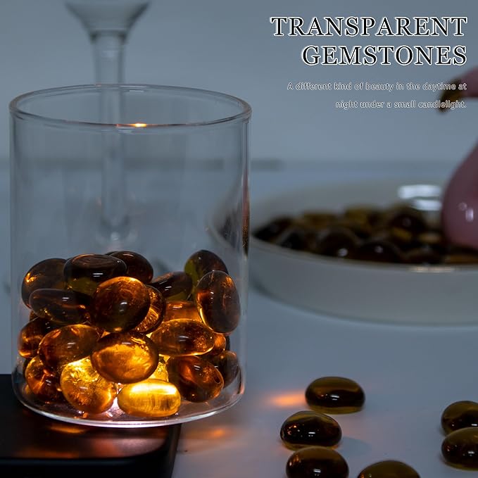 Meschett 50PCS Mini Glass Gems,Amber Mancala Stones Flat Bottom Marble Beads for Home Decorative Art Craft Vase Filler(0.5"~0.7")