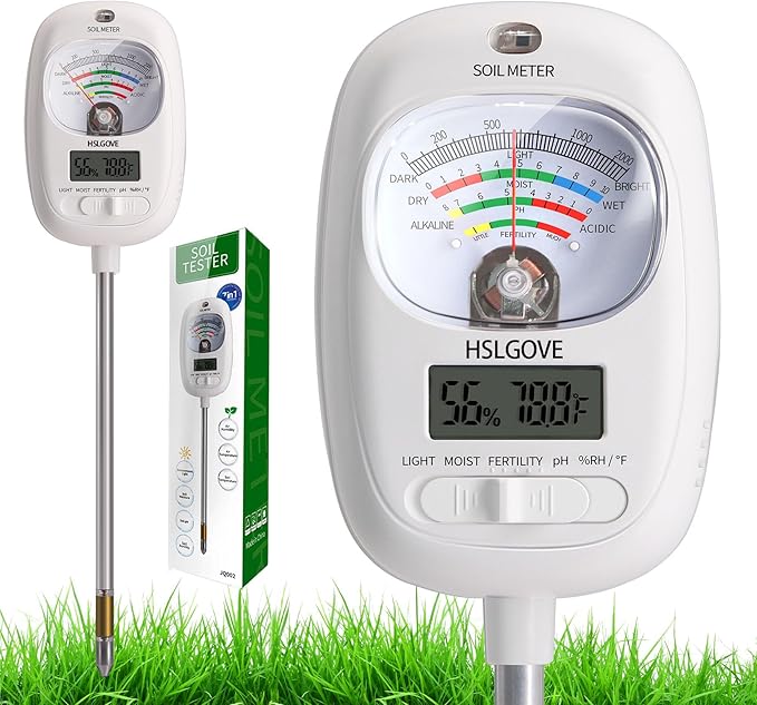 HSLGOVE Soil Test Kit, 7-in-One Soil Moisture Meter/Soil PH Meter/Fertility, Dual Screen Soil Tester w/Digital Soil Temp/Air Temp&Humidity for Plants Gardening,Lawn,Farm Indoor&Outdoor-Ice White