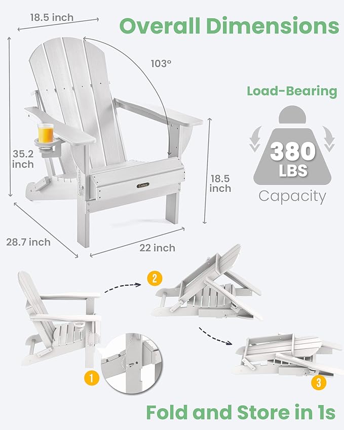 Ciokea Folding Adirondack Chair 4 Pack, Patio Adirondack Chair Weather Resistant, Plastic Fire Pit Chair with Cup Holder, Lawn Chair for Outdoor Porch Garden Backyard Deck (White)