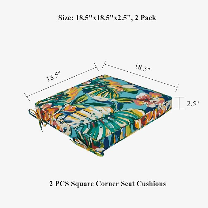 FUNHOME Indoor/Outdoor Chair Cushions Set of 2, 18 x 18 x 2.5 Inch Square Corner Outdoor Cushions for Patio Furniture,2 Packs Patio Chair Cushions with Ties-Rosario Flower Leaf