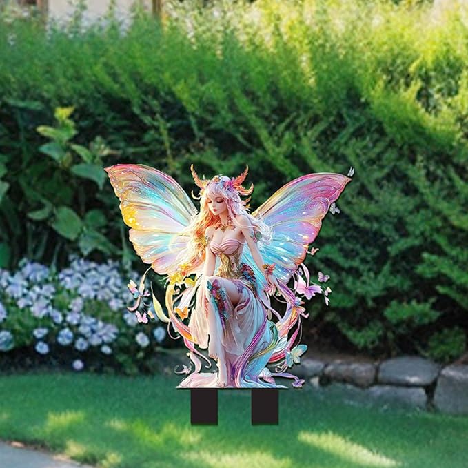 JOYO 11.8''Bohemian Fairy Flower Pot Decoration,Fairy Garden Planter Accessories,2D Acrylic Ground Plug,Fairy Pumpkin Angel Garden Stake for Pot Plants and Garden Yard Lawn Décor (P18)