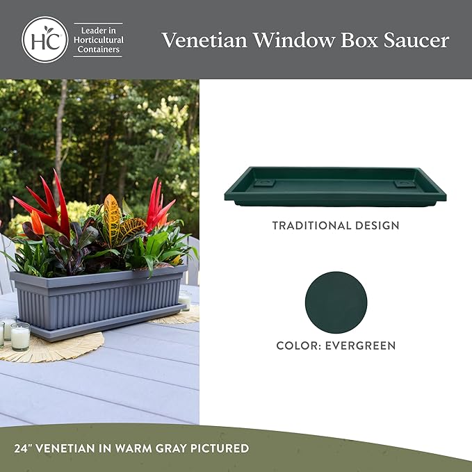 The HC Companies 17.5 Inch Venetian Rectangular Plant Saucer, Lightweight UV-Resistant Plastic Outdoor & Indoor Flower Pot Tray, 2-Pack Plant Pot Trays for Garden & Home Decor, Evergreen