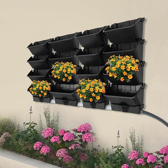 Vertical Wall Planter with 16 Pots, Hanging Garden Plant Flowerpot Holder, Stackable Wall-Mounted Planter, Balcony Planters for Flowers Vegetables Fruits (Black, 16 Pots+4 Drainage Planters&Pipe)