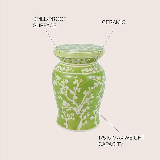 JONATHAN Y TBL1017C Cherry Blossom 17.75" Ceramic Indoor/Outdoor Garden Stool Coastal, Contemporary, Transitional, Patio, Garden Room, Bathroom, Living Room, Green/White