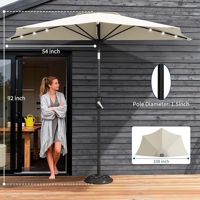 Garvee Patio Umbrella 9FT - Half Umbrella Outdoor with Solar LED Lights and Smooth Crank Lift, Outdoor Shade Canopy for Patio, Backyard, Garden, Deck, Balcony -Beige