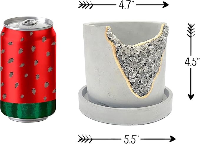 4 Inch Crystal Plant Pot with Saucer - Cement Geode Planter - Concrete Pots for Plants - Modern Succulent Pot Indoor - Unique Air Plant Holder - Candle Holder - Small Plant Home Decor (Smoky Quartz)