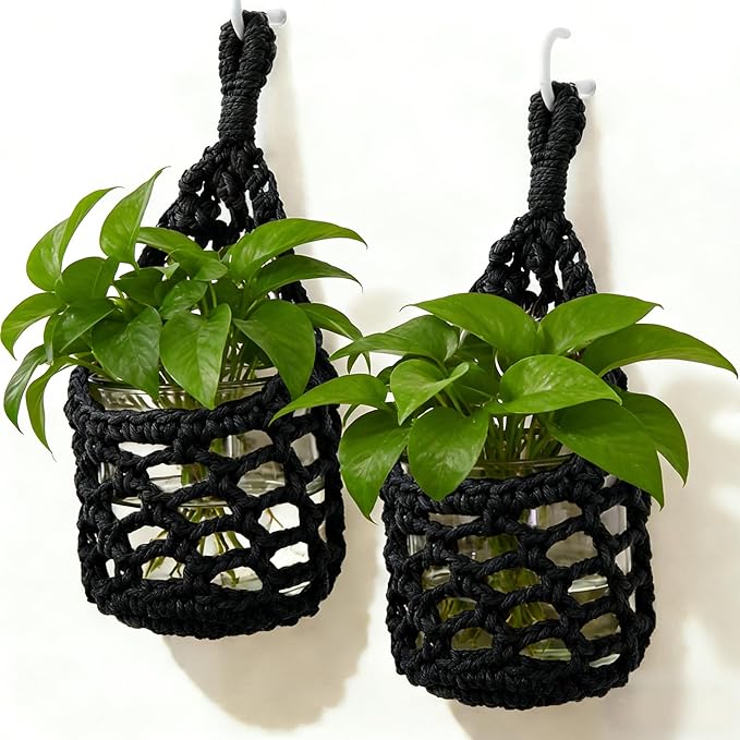 Macrame Wall Plant Hanger, Hanging Planter Basket Holder, Wall Planters for Indoor Plants, for Up to 4 Inch Pot (Black, 4-Inch)
