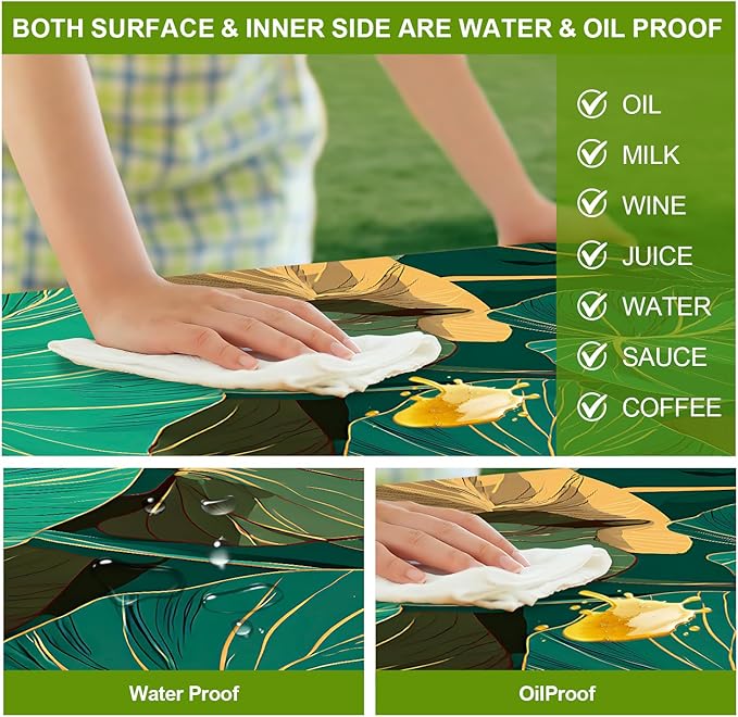 Picnic Table Cover with Bench Covers Set of 3 - Tropical Monstera Green Botanical Leaves Pattern, Elastic Fitted Tablecloth for 6 Ft Tables, Washable Polyester Cover for Patio, Indoor & Outdoor