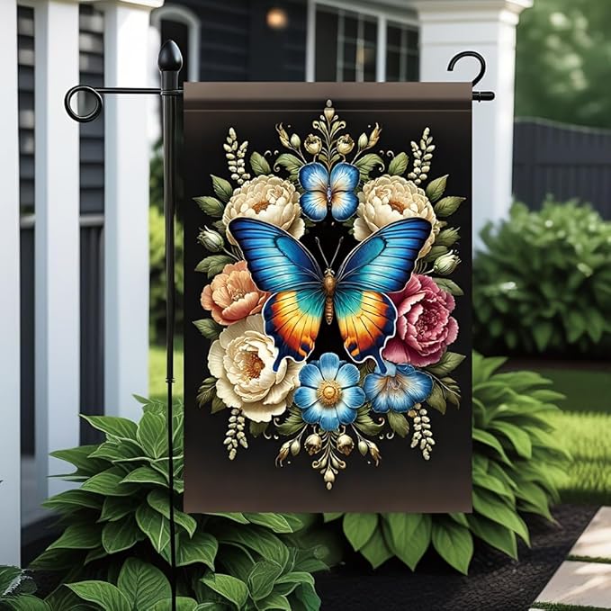 Blue Butterfly Garden Flag 12x18 Inch Double Sided Outdoor Yard Banner Colorful Floral Butterfly Design for Spring Summer Porch Patio Lawn Garden