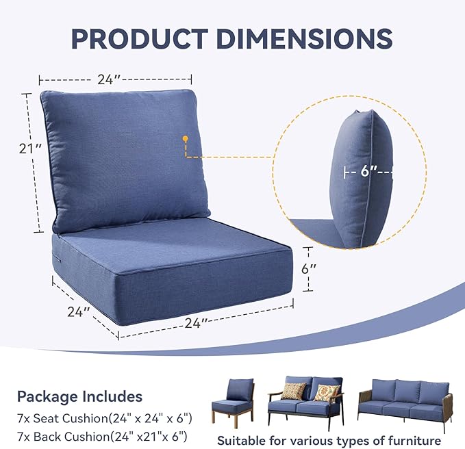 Outdoor Cushion Set for Furniture Patio Furniture, UV Resistant, Water Resistant - 6 Inch Thick Foam Garden Cushions– 24x24 Inch Patio Seat Covers for Chair/Sofa/Couch | Blue | 7-Pack |