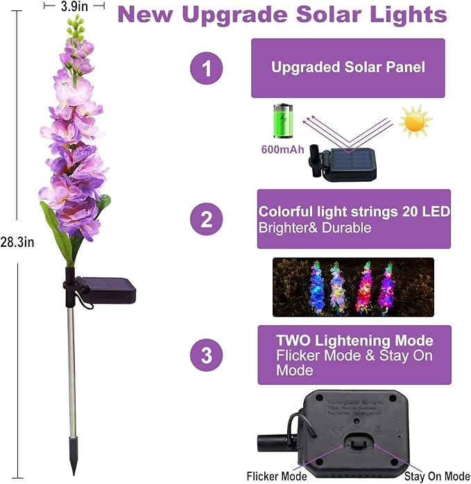 Solar Garden Lights, Solar Delphinium Flowers Lights 4 Pack 80 LEDs, Waterproof Outdoor Light Two Lighting Modes for Outside Wedding Party Garden Yard Patio Lawn Decor