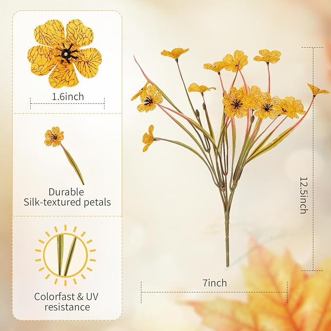 Artificial Mums Fall Fake Flowers for Outdoors, 12 Bundles Faux Mums for Outdoor Planters Autumn Decorations,UV Resistant Silk Flowers for Front Porch Garden Patio Home Decor(Fall-Orange Yellow)