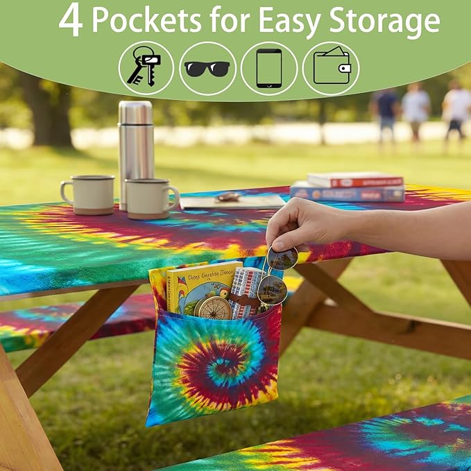 Fitted Waterproof Picnic Table Cover with Bench Covers Elastic 72×30In 3 Piece Camping Table Cloth for 6Ft Rectangle Tables Outdoor Camper Gifts Supplies Patio Rv Traveling Hiking Must Haves