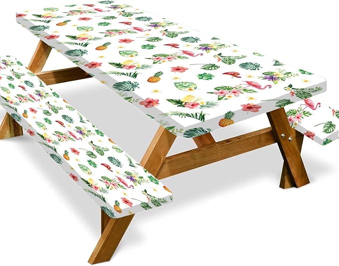 Picnic Table Cover with Bench Covers and Bag, Summer Outdoor Waterproof Windproof Tablecloth with Elastic Edges, Camping Accessories RV Gear Campers 96x30 Inches 4 Pcs Set, White