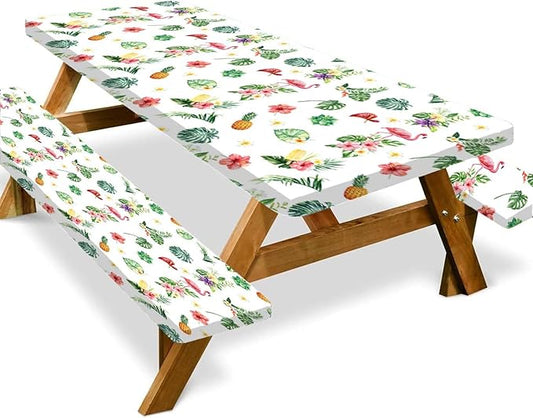 Picnic Table Cover with Bench Covers and Bag, Summer Outdoor Waterproof Windproof Tablecloth with Elastic Edges, Camping Accessories RV Gear Campers 72x30 Inches 3 Pcs Set, White