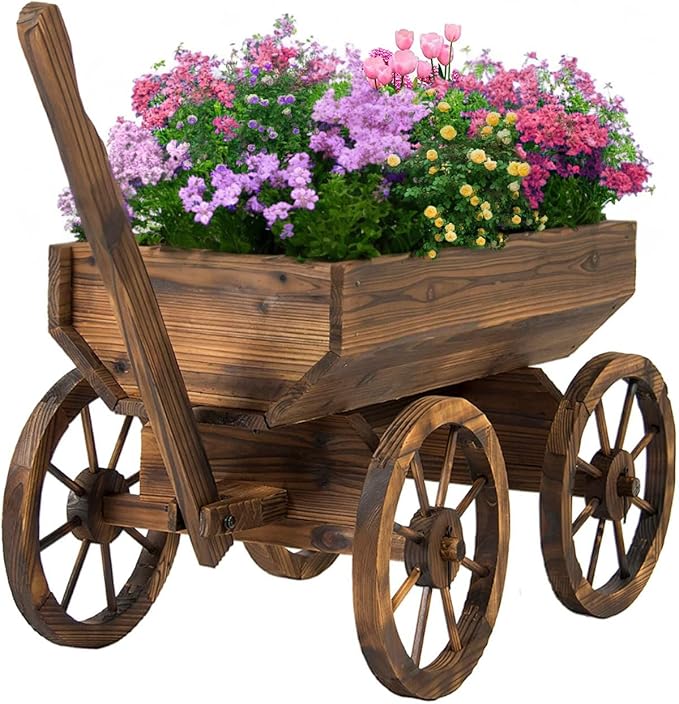 Wood Wagon Planter for Outdoor Balcony Decor - Garden Rustic Wooden Flower Cart with Wheels for Outside - Garden Decor - Amish Decorative Indoor - Wheelbarrow Planter for Patio
