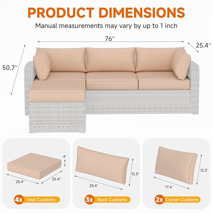 HOMREST Outdoor Replacement Cushions for Patio Furniture,Water-Repellent Sofa Cushion for 4-Seat Rattan Wicker Sectional Patio Conversation Sets,9-Piece Cushions Set for Outdoor Couch,Khaki