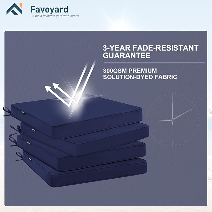 Favoyard Outdoor Chair Cushions 17"W x 16"D x 2"T Set of 4 Patio Chairs Cushions 3-Year Fade Resistant & Waterproof Cushions for Outdoor Furniture with Hidden Zipper, Attach Straps for Dining Chairs