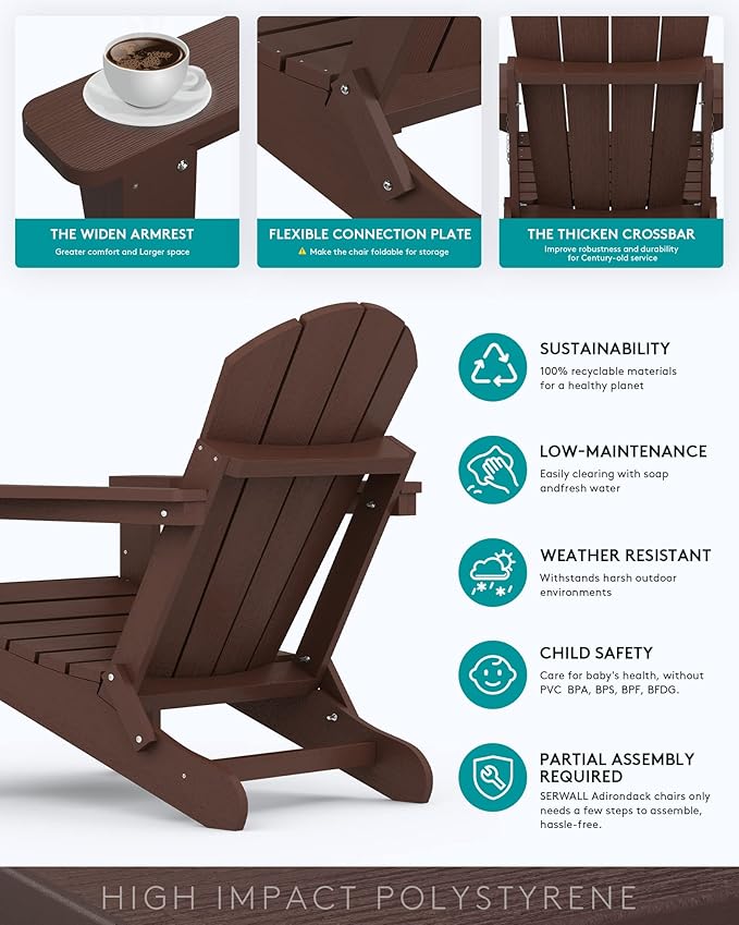 SERWALL Folding Adirondack Chair Set of 4 for Patio Garden Outdoors Fire Pit- Coffee