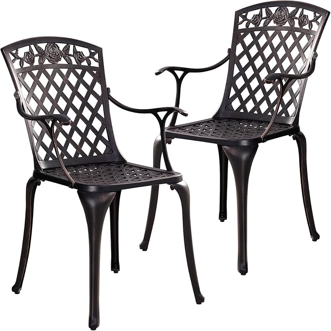 Cast Aluminum Patio Chairs, Outdoor Bistro Chairs Set of 2 with Large Back, All Weather Metal Dining Chairs for Garden Deck Backyard, Bronze Lattice Weave Design