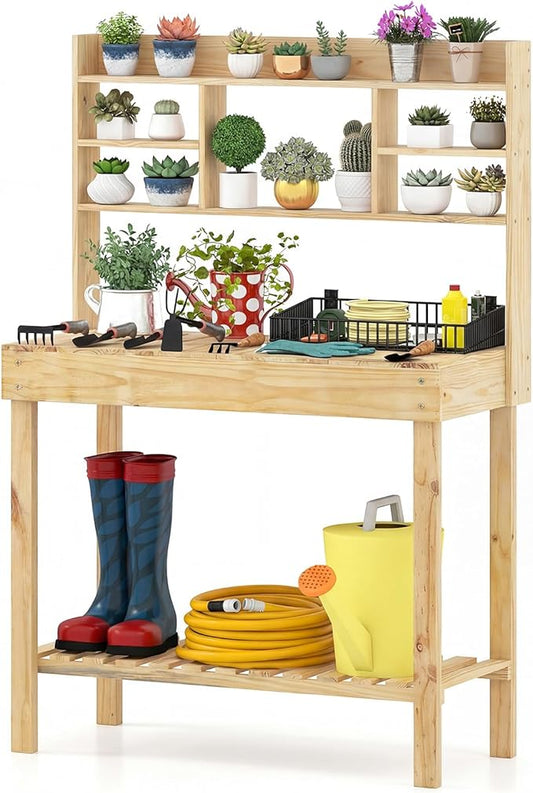 Giantex Potting Bench, Outside Solid Wood Potting Table with Flip-up Tabletop, Shelves, Indoor Outdoor Wooden Workbench for Patio Porch Balcony, Potted Plant Display Rack, 42"x18"x60", Natural