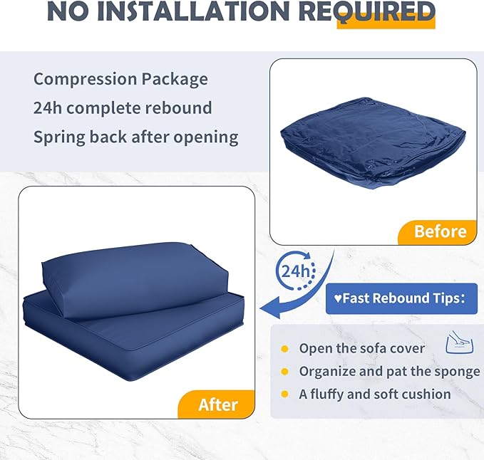 Amopatio Outdoor Sofa Replacement Cushion Set, Waterproof Seat and Back Cushions for Patio Furniture, UV-Resistant and Extra-Thick Cushions, Machine-Washable Covers (Navy)