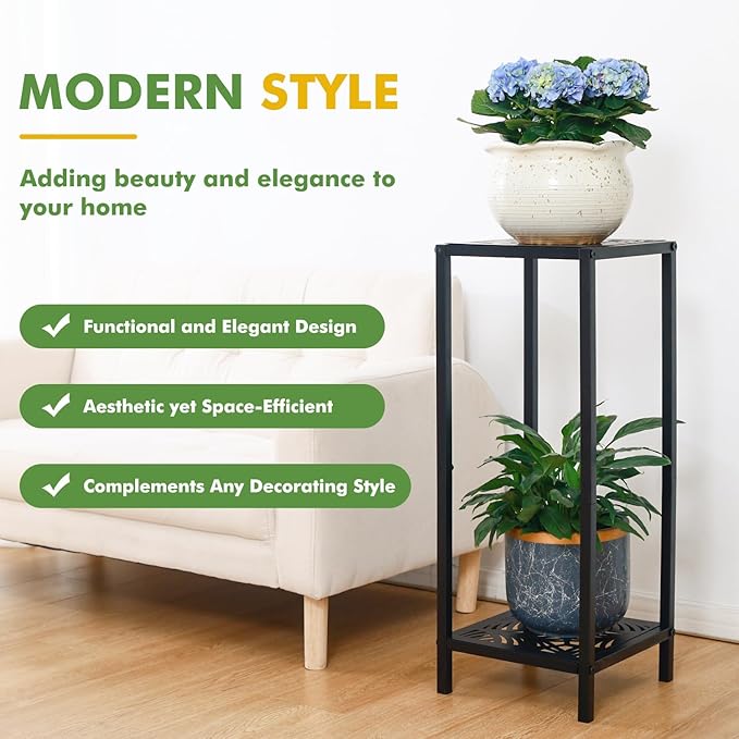Party Zealot 2-Tier Tall Metal Square Plant Stand Heavy-Duty Modern Flower Pot Rack for Indoor Living Room, Corner Side Table for Outdoor Patio, Garden, and Balcony Black, 12" D x 31" H