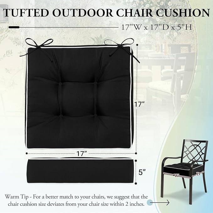 Wellsin Outdoor Chair Cushions Set of 2, Patio Cushions for Outdoor Furniture, Tufted Waterproof Outdoor Chair Pads, 17 x 17 Inch, Black