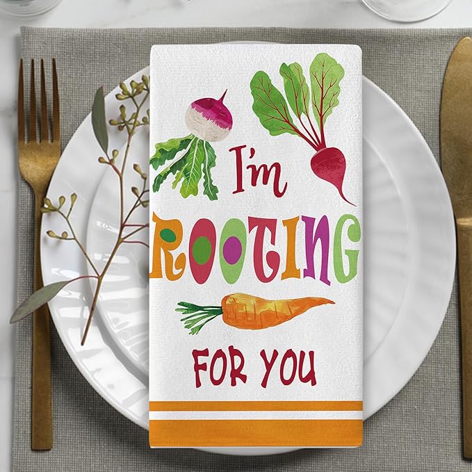 Vegetable Theme Kitchen Dish Towels Set of 2, I'm Rooting for You Fresh Radish Carrot Drying Hand Towel Baking Cooking Cloth, Funny Farmhouse Garden Home Decoration 18'' x 26''