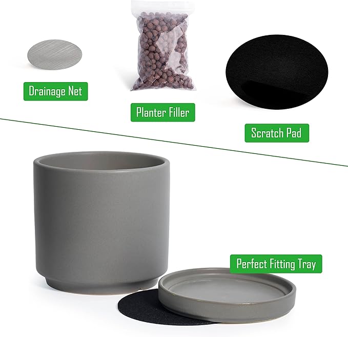D'vine Dev Set of 2 Plants Pots, 8 Inch Ceramic Planter Pot for Plants with Drainage Hole and Saucer, Speckled Grey, 94-V-D-3