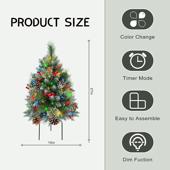 2 Pack Pre-lit Christmas Tree, Battery Operated with Timer, Multi-Color & Warm White Changing LED Lights, 27 inch Artificial Christmas Tree for Outdoor Porch, Urn Filler, Home Xmas Decorations