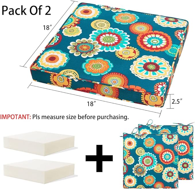 Magpie Fabrics Indoor Outdoor Waterproof Square Chair Cushion, 18" x 18" x 2.5", 2 Pack, Water Resistant Seat Cushions, for Patio Garden Office, Floral Green