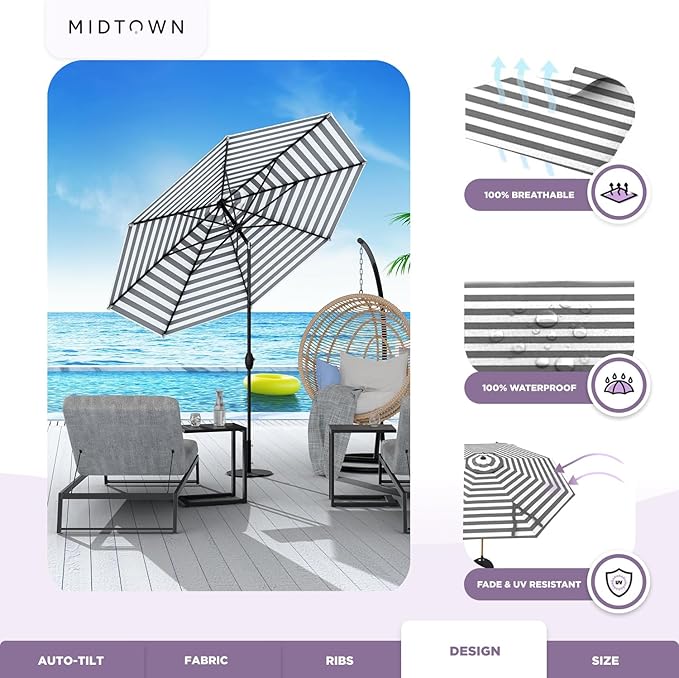 Midtown Umbrellas - 10-Year-No-Fade 10 Ft Patio Umbrella with Terylast Fabric, Auto-Tilt Aluminum Frame and 8 Reinforced Ribs for Deck, Pool, Garden & Beach - Grey/White Stripes Canopy, Black Pole