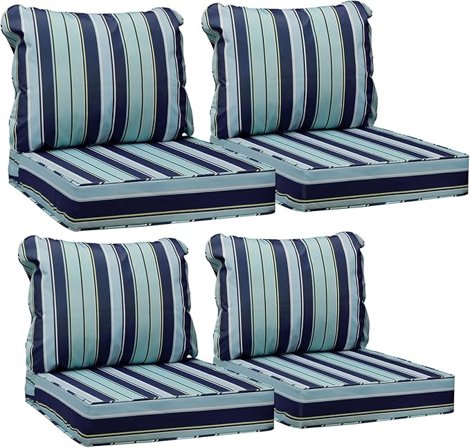 AAAAAcessories Outdoor Seat Cushions for Chairs, Fade-Resistant, Waterproof Patio Furniture Replacement Cushions, 23.5" x 25.5" x 5" + 23.5" x 19", Set of 4, Ash Teal Seaside Stripe