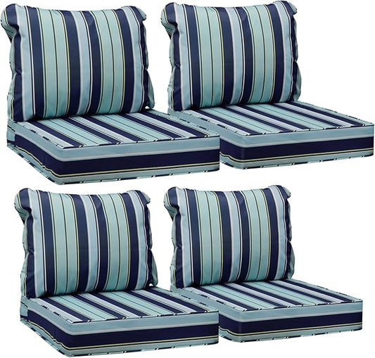 AAAAAcessories Outdoor Seat Cushions for Chairs, Fade-Resistant, Waterproof Patio Furniture Replacement Cushions, 23.5" x 25.5" x 5" + 23.5" x 19", Set of 4, Ash Teal Seaside Stripe
