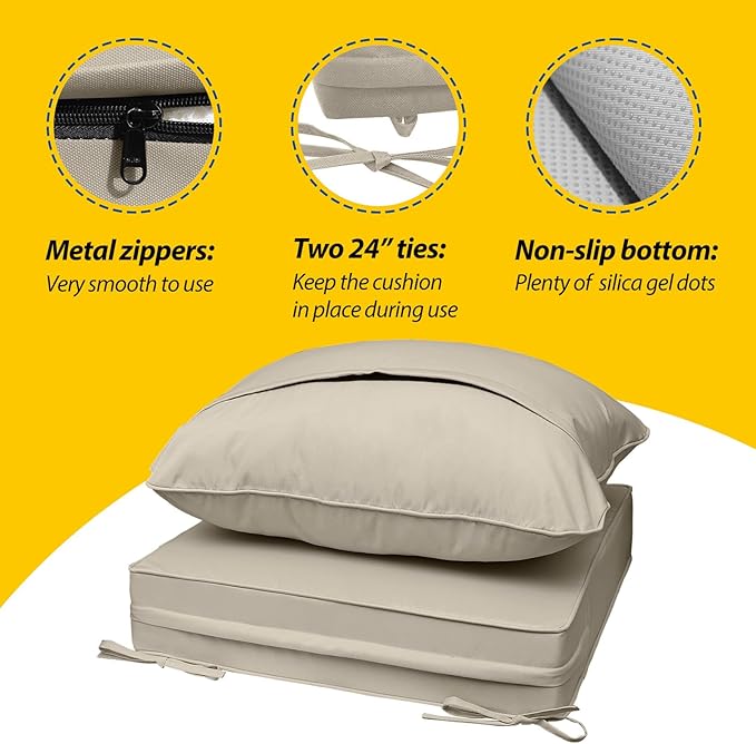 AAAAAcessories Outdoor Seat Cushions for Chairs, Fade-Resistant, Waterproof Patio Furniture Replacement Cushions, 22" x 24" x 5" + 22" x 19", Set of 4, Beige