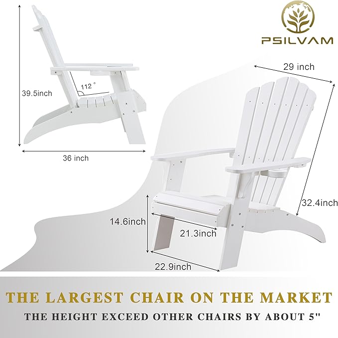 Psilvam Adirondack Chair, Oversized Poly Lumber Fire Pit Chair with Cup Holder, 350Lbs Support Patio Chairs for Garden, Weather Resistant Outdoors Seating, Relaxing Gift for Father & Mother (White)