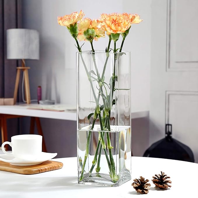 WGV Tall Square Vase Glass Block, Length 5", Height 16", Clear Large Floral Plant Container, Fish Tank, Planter Terrarium for Wedding Party Event, Home Office Decor, 1 Piece