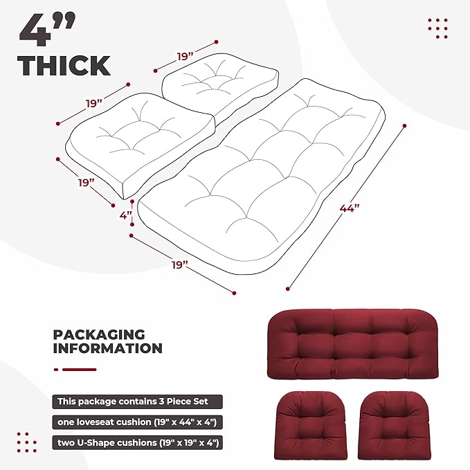 Wicker Chair Cushions, Waterproof Outdoor Loveseat Cushions for Patio Furniture, Tufted Wicker Furniture Cushions, 1 Loveseat and 2 U-Shaped Cushions, Red