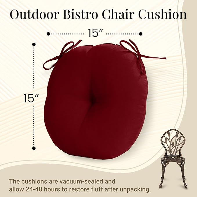 downluxe Bistro Chair Cushions for Patio Furniture, Water-Resistant Round Outdoor Chair Cushions Set of 2 with Non-Slip Ties, 15" x 15", Burgundy