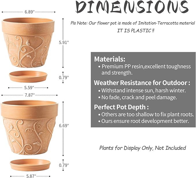 Melphoe Plant Pots Indoor with Drainage & Saucer, 2Pack 7/8 inch Flower Pots Outdoor Planters for Indoor Plants Garden Home Decor Cactus Succulent, Rigid Plastic (Imitation-Terracotta) Vine-Embossed
